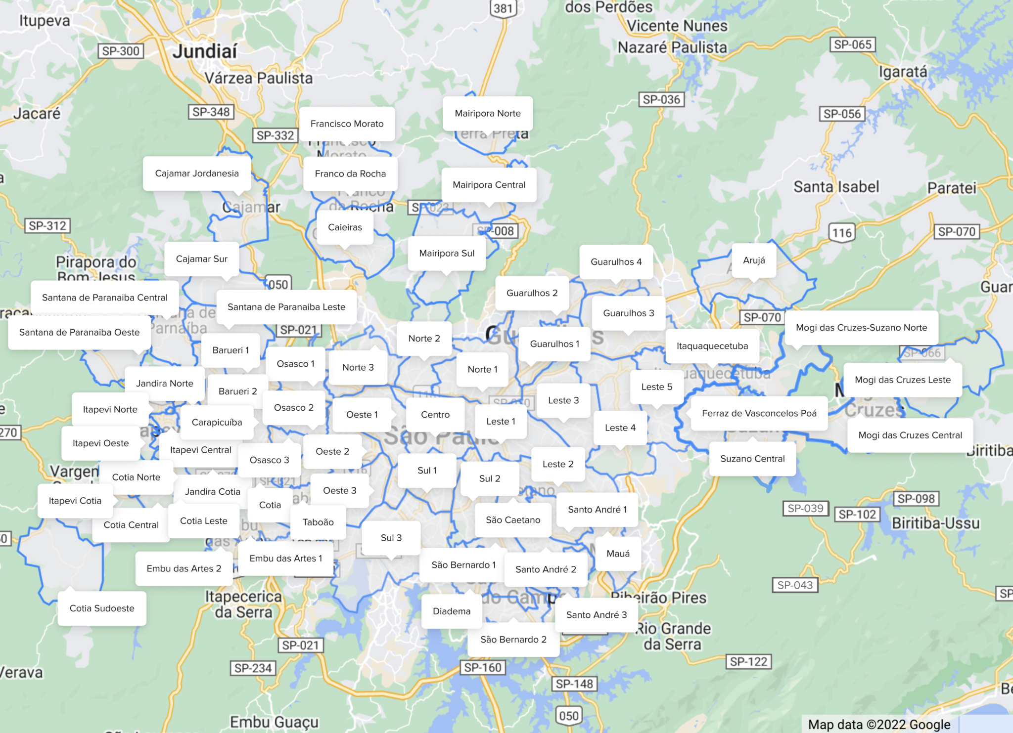 Mapa de abrangência RRLeste, São Paulo e Grande SP